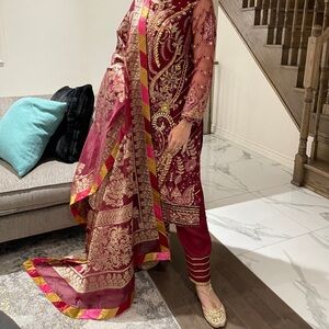 Elegant Maroon and Gold Embroidered Outfit